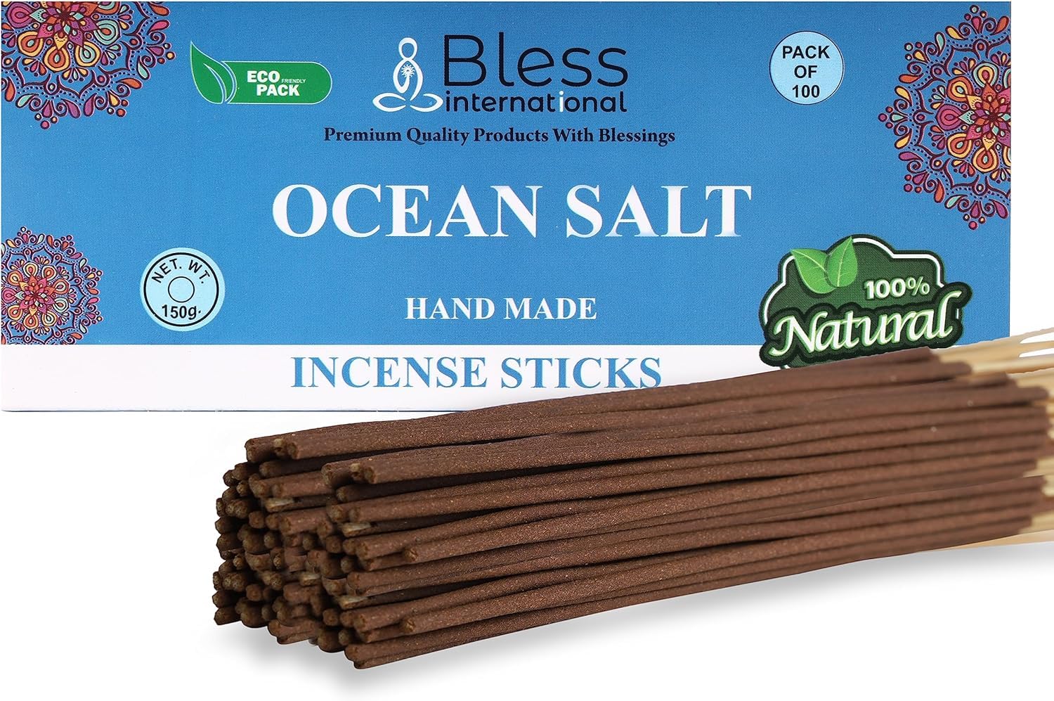 Bless-OCEAN-SALT-Incense-Sticks 100%-Natural-Handmade-Hand-Dipped-Incense-Sticks Organic-Chemicals-Free For-Purification-Relaxation-Positivity-Yoga-Meditation The-Best-Woods-Scent (100 Sticks(150GM))