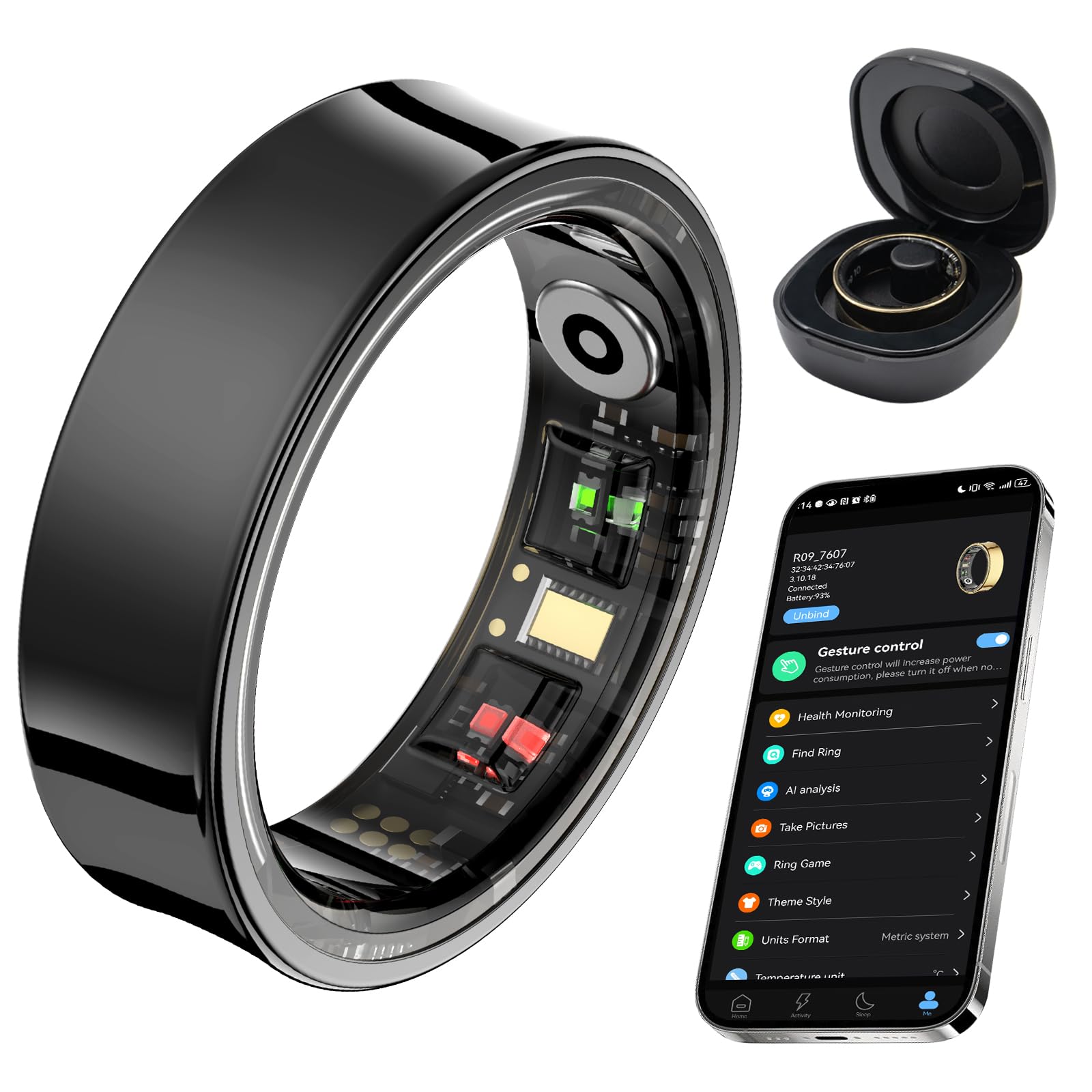 Photo 1 of AMOVAN Smart Ring for Women Men, Fitness Tracker Ring with Body Temperature, Heart Rate, Blood Oxygen, Sleep Monitor, Calories, No Subscription Fee, IP68 Waterproof for iPhone & Android (Black, #10)