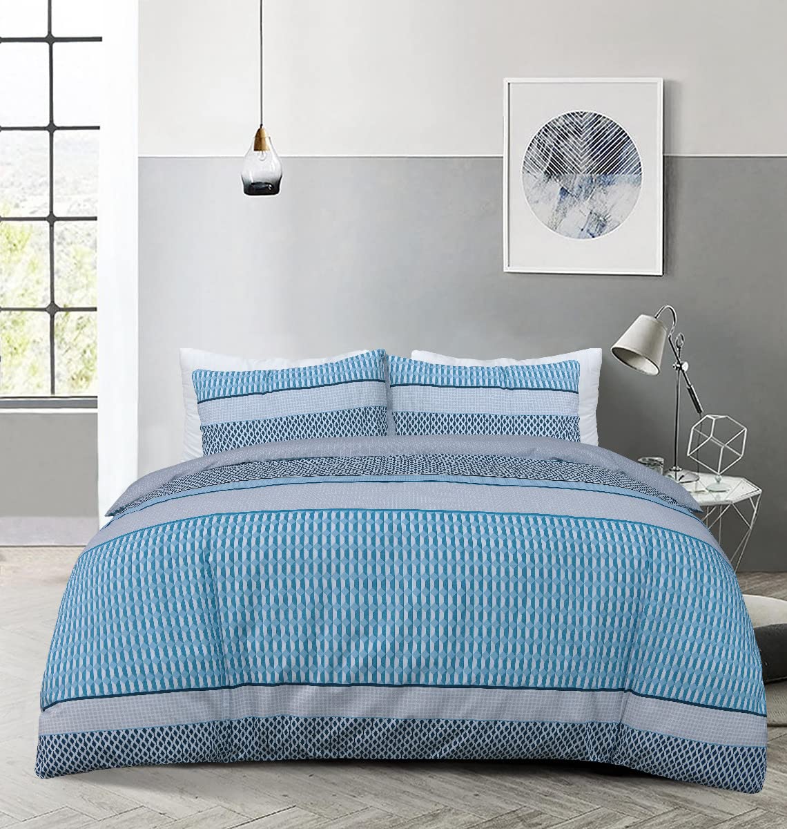 Sleepdown Stripe Geo Abstract Blue Grey Reversible Duvet Cover Quilt Pillow Cases Bedding Set Soft Easy Care - Super King (220cm x 260cm)