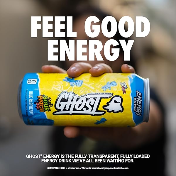 GHOST ENERGY DRINK – 12-PACK, SOUR PATCH KIDS BLUE RASPBERRY, 16OZ – ENERGY & FOCUS & NO ARTIFICIAL COLORS – 200MG NATURAL CAFFEINE, L-CARNITINE & TAURINE – GLUTEN-FREE & VEGAN