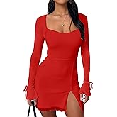 Kaximil Women's Sexy Bodycon Mesh Long Sleeve Square Neck Slit Party Short Mini Dress