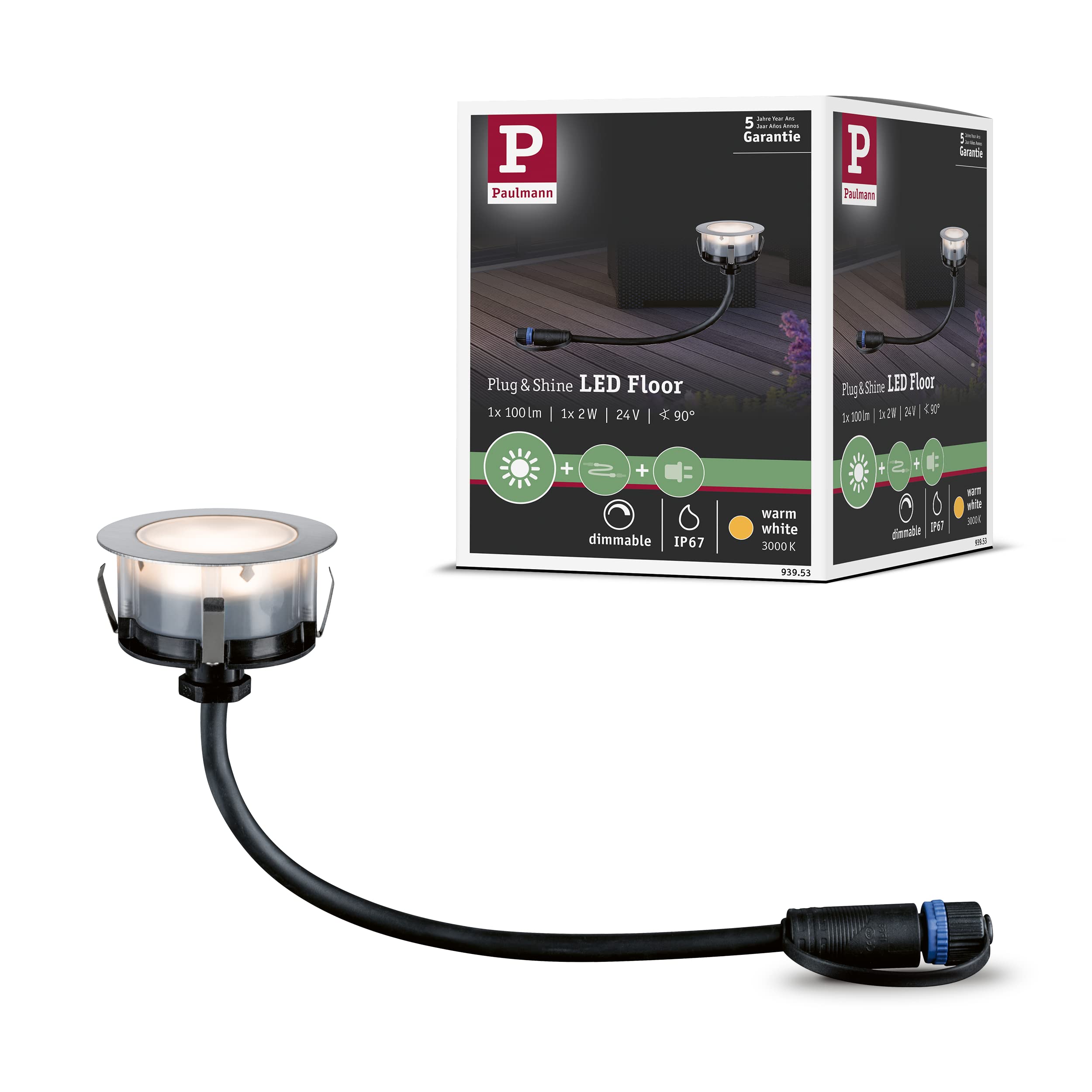 Paulmann 93953 Outdoor Plug & Shine Ground recessed Lighting IP65 3000K 1W 24V 70mm Silver Stainless Steel/Plastic