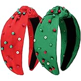 YISSION 2PCS Christmas Knotted Headbands for Women, Red & Green Pearl Beaded Top Knot Hairbands, Festive Holiday Hair Accessories for Xmas Party, Family Gathering & Daily Wear