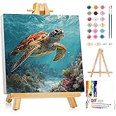 Framed Paint by Numbers Kit for Adults Beginner &amp; Kids Ages 8-12 Sea Turtle Adult Paint by Number Kits on Canvas with Easel Animal Painting by Numbers for Adults with Frame DIY Painting Kits 8x8 Inch