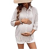 MakeMeChic Women's Maternity Shirts Blouses Striped Button Down 3/4 Sleeve Pregnancy Nursing Top