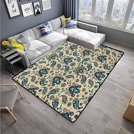 Living Room Area Rug Paisley Easy Clean Rugs 4 7 X5 3 Yellow Blue Cream Amazon Co Uk Kitchen Home