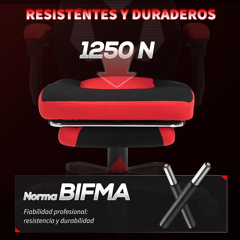 Silla Gaming Giratoria de Malla con Reposapiés Retráctil Rojo — foto 7 de 8