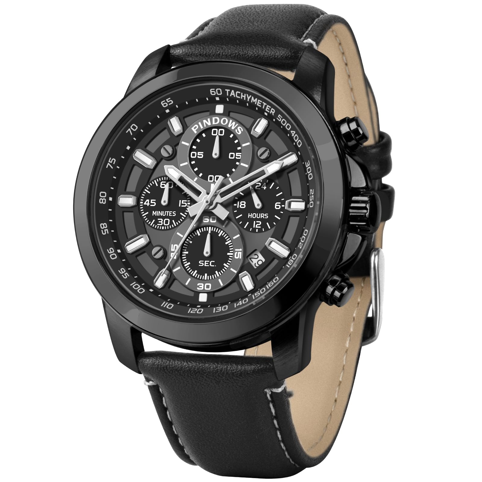 Photo 1 of PINDOWS Men's Analog Quartz Chronograph Watches Waterproof Business Casual Dress Watch with Black Brown Leather Strap
