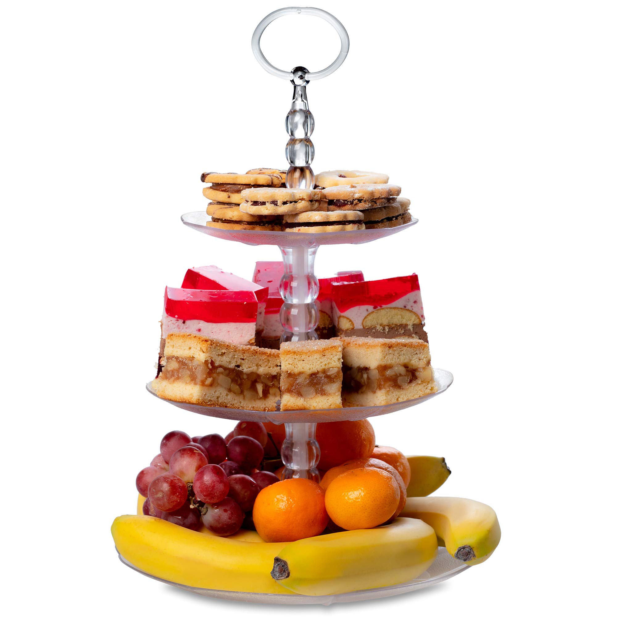 KADAX Plastic Shelf, 3 Levels, Serving Stand, Fruit Basket for Cakes, Fruits, Muffins, Biscuits, Cheese, Birthday, Party, Fruit Bowl with Handle, Dish, Transparent