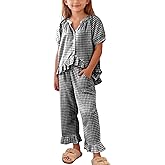 Flygo Girls Gingham 2 Piece Outfits Cotton Plaid Short Sleeve Button Down Peplum Top and Y2K Cute Ruffle Long Pants Sets
