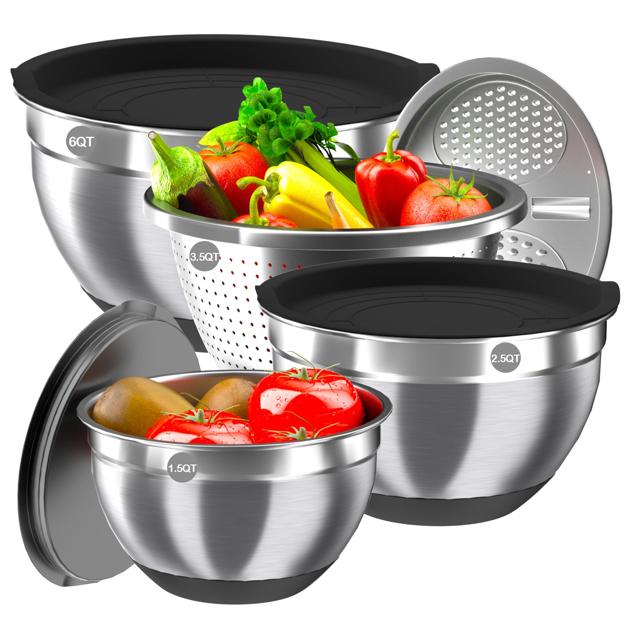 Photo 1 of Mixing Bowls with Airtight Lids, Stainless Steel Mixing Bowl Set with 3 Metal Nesting Bowls, Colander & Grater, Non-Slip Bottoms, Size 1.5, 2.5, 6 QT, Great for Mixing & Serving, Black
