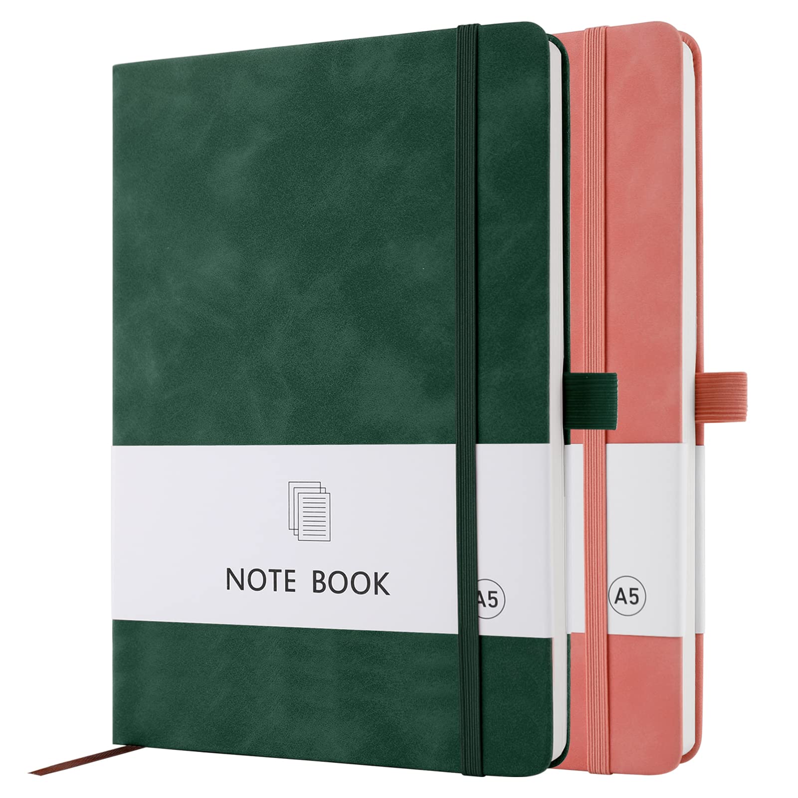 A5 Notebook, 2 Pack Notebook A5 200 Pages 100 GSM Journal Notebook Hardback Notepad with Bookmark, Pen Loop, and Elastic Closure (Green+Pink) — image 1