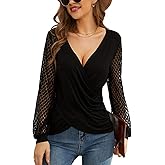YELAIVP Long Sleeve Shirts for Women V Neck Lace Tops Dressy Business Casual Blouses Cross Wrap Sexy Tops Work Shirt