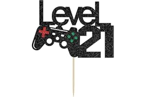 FYSSHUO Black Glitter Level 21 Cake Topper - Level Up 21st Birthday Cake Topper - Happy 21st Birthday, 21 Year Old for Gamer Theme Party Decorations