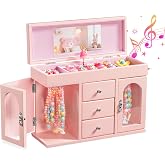 Musical Jewelry Box for Girls, Large Wooden Kids Jewelry Organizer with Spinning Ballerina &amp; Mirror, 5-Layer Storage with Drawers &amp; Side Doors, Pink Jewelry Box for Girls Birthday Christmas &amp; gifts