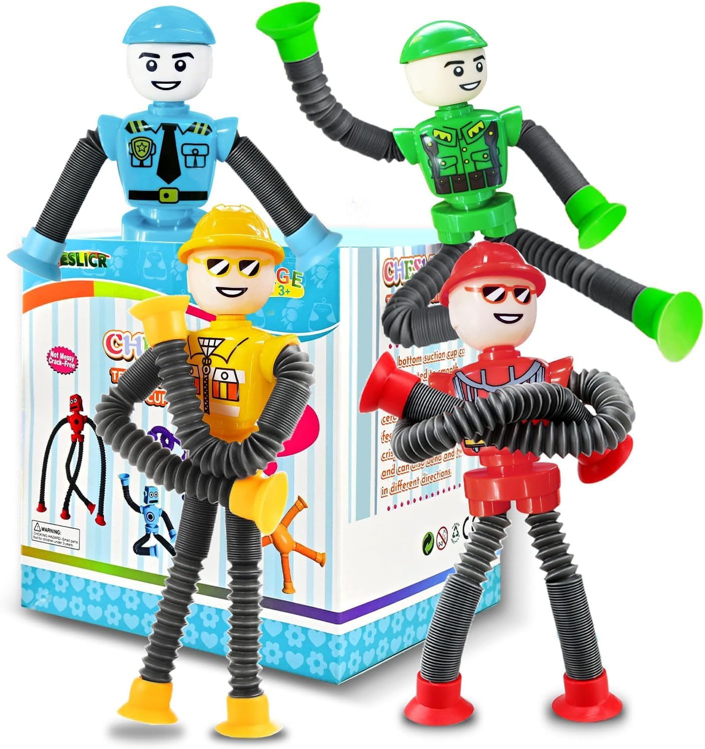 Photo 1 of Easter Basket Stuffer Gift for Toddlers Kids Robot Sensory Travel Toys 4Pcs for Boy Year Old Ages 3 4 5 6 7 8 9, Airplane Travel Activities Suction Autistic Valentine Pop Tube Autism Fidget Toys
