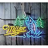 Neon Signs Beer Miller Lite Fish Trees Fishing Get Hooked Glass Neon Signs for Office Pub Birthday Man Cave Neon Light Art Wall Lights 24 X 20 Inches