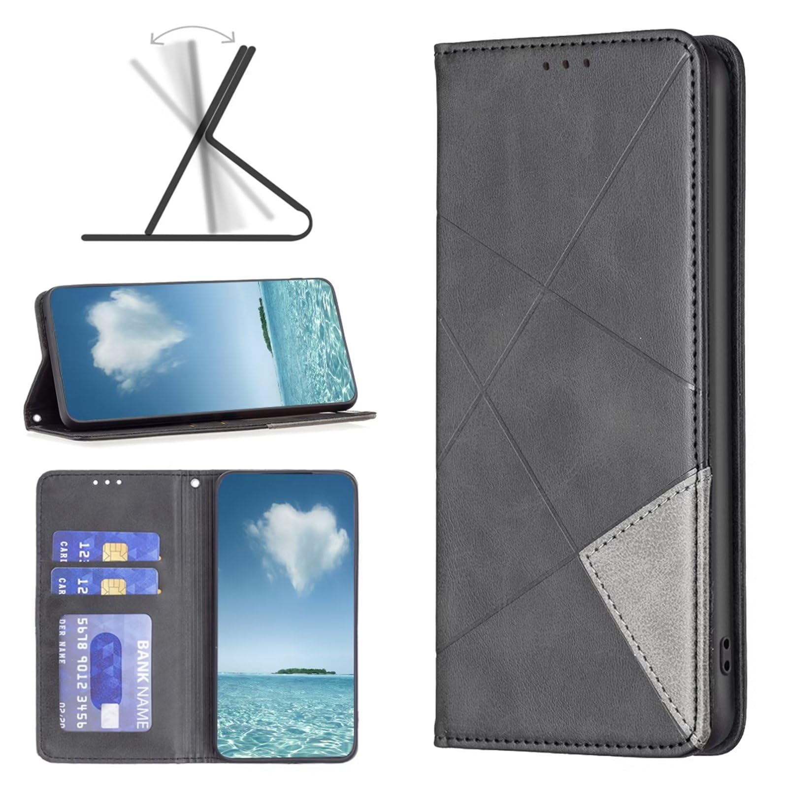 COQUE for Xiaomi Redmi 13C phone case, dark magnetic diamond pattern with card slot wallet, Xiaomi Redmi 13C protective case-Black