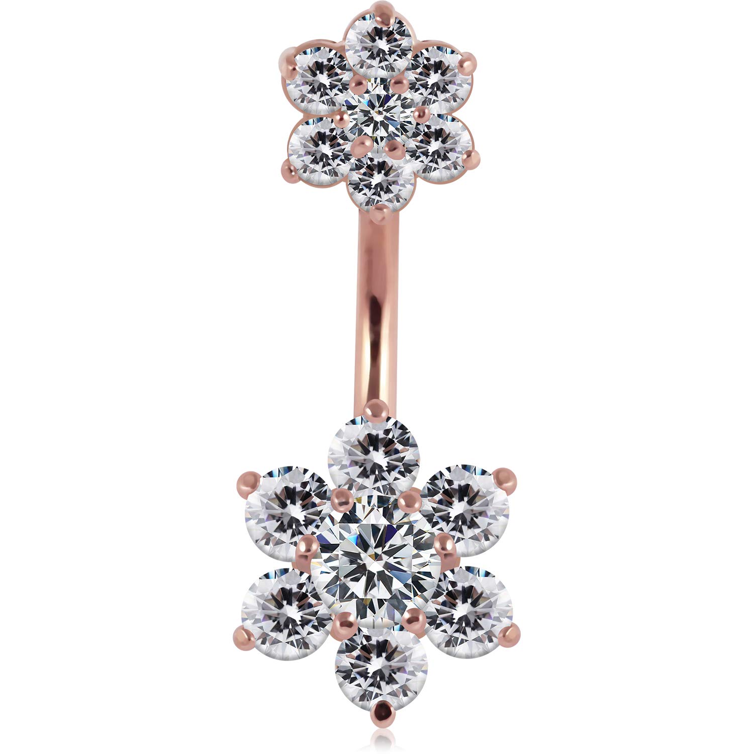 AZARIO London Rose Gold Plated Clear CZ Stone Big and Small Flower 925 Sterling Silver Double Side Belly Bar Piercing