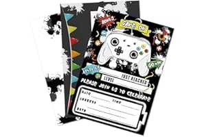 WERNNSAI Watercolor Video Game Party Invites - 20 Set Fill-in Invitations with Envelopes for Boys Game Theme Birthday Party Supplies Double-Sided Printed Invitation Cards