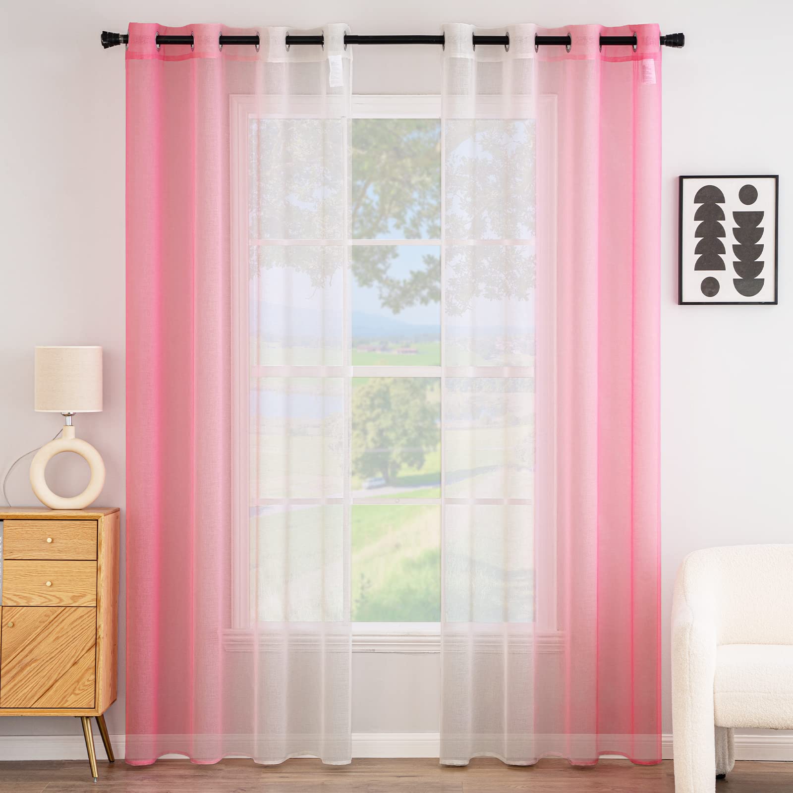 EMEMA Transparent Voile Curtains Gradient Eyelets for Living Room Bedroom Bathroom Kitchen Children's Bedroom Window Balcony House with 2 Panels 140 x 215 cm Pink