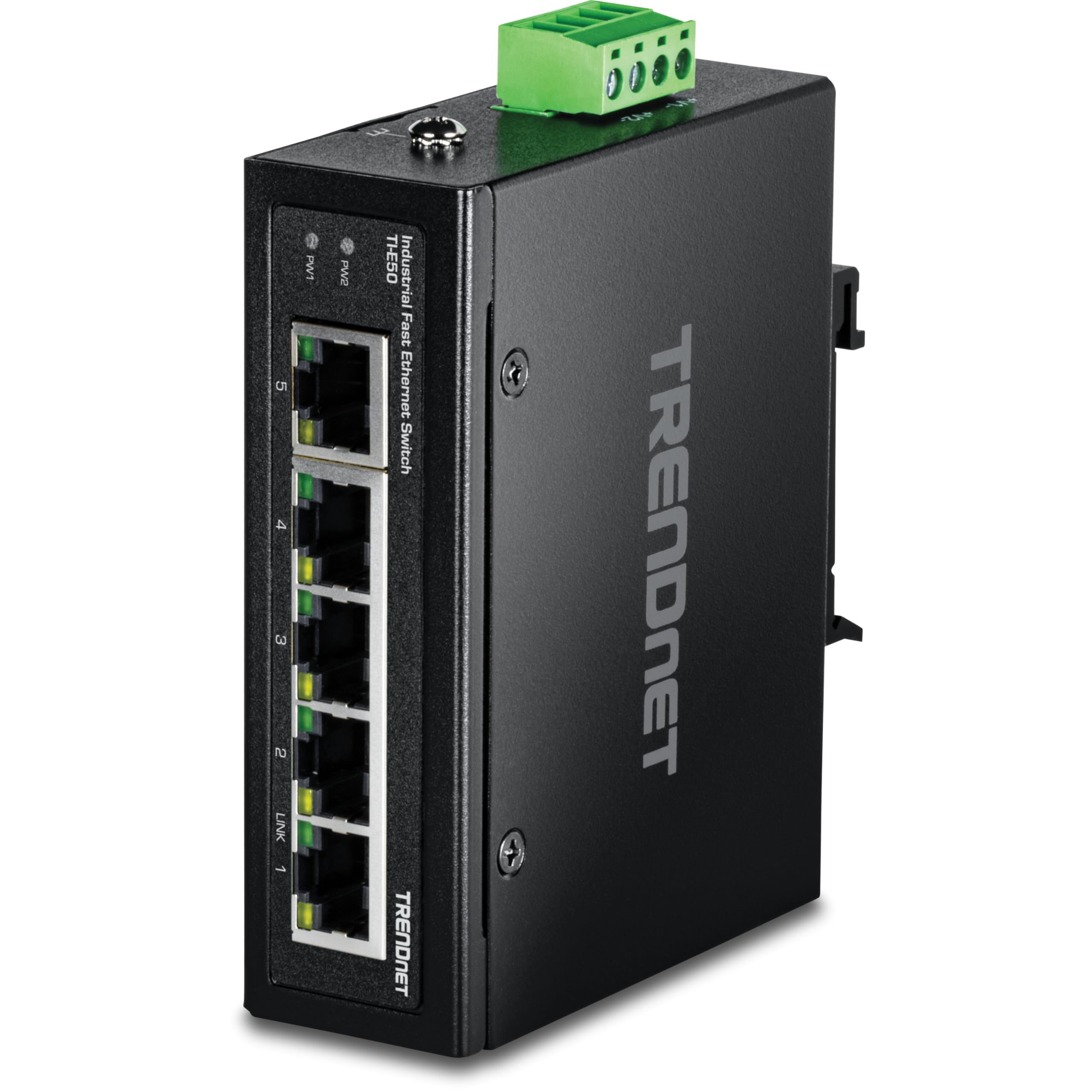 TRENDnet 5-Port Industrial Unmanaged Fast Ethernet DIN-Rail Switch, TI-E50, 5 x Fast Ethernet Ports, 1 Gbps Switching Capacity, 5 Port Network Fast Ethernet Switch, IP30 Metal Switch