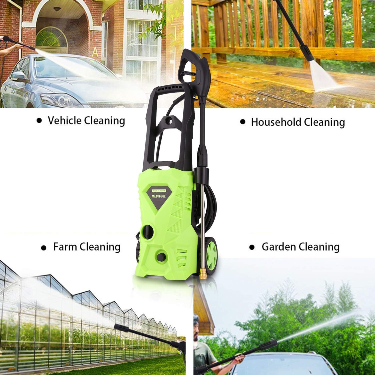 Homdox 2500 PSI, 1.5GPM Pressure Washer Electric Power Washer With 4 Nozzles, Longer Cables and Hoses, for Cleaning Cars, Driveways, Garden (Green) : Garden & Outdoor