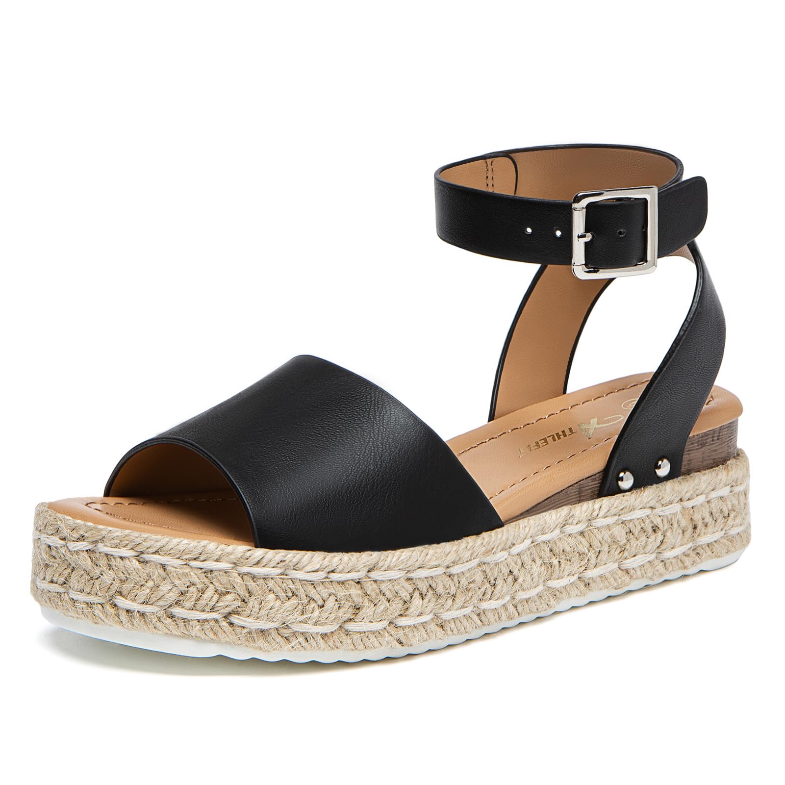 Photo 1 of (SIZE 12) (USED/FAIR) Athlefit Women's Espadrille Platform Sandals Summer Casual Open Toe Ankle Strap Low Wedge Sandals, Black Size 7, AD00952