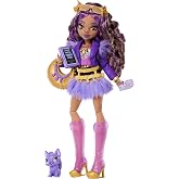 Monster High Clawdeen Wolf Doll with Pet Wolf Pup | Werewolf in Purple Moto Jacket and Furry Skirt with Pet Crescent and 7 Accessories like Book, Croissant and Purse