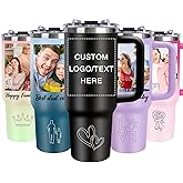 Personalized 40oz Tumbler with Handle, Custom Insulated Tumblers with Pictures Logo, Stainless Steel Travel Coffee Mug, Personalized Gifts for Women Men Birthday Fathers Day Mothers Day