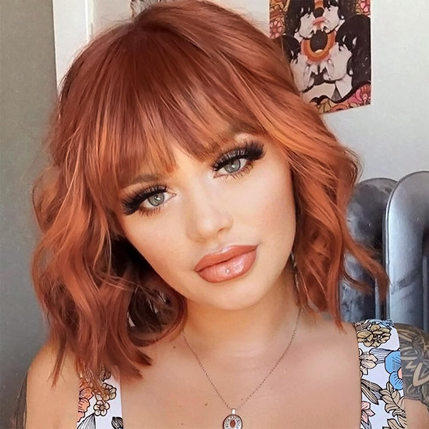 PORSMEER Short Pastel Wavy Bob Dark Auburn Wig with Fringe Natural Looking Synthetic Hair Wigs for Women Ladies Party Or Daily Wear — image 1