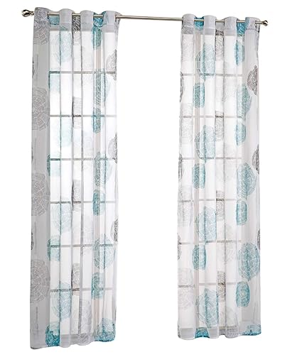 7Morning 2er Pack Oesenschal Stickerei Blumen Dekoschal Gardine Schal Voile Vorhang BxH 140x175cm Blau