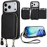 Bocasal RFID Blocking Wallet Case for iPhone 17 Pro, Adjustable Crossbody Zipper Purse Case Card Holder with Kickstand Detachable Wrist Strap, PU Leather Flip Folio Case 6.3 Inch 5G (Black)