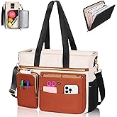 ESTARER Teacher Tote Bag for Women 2Pcs,15.6'' Laptop Work Bag Computer Bag w/File Folder & Insulated Pocket, Large Water-resistant Messenger Shoulder Bag for Office/Travel/College,Black-Beige-Brown