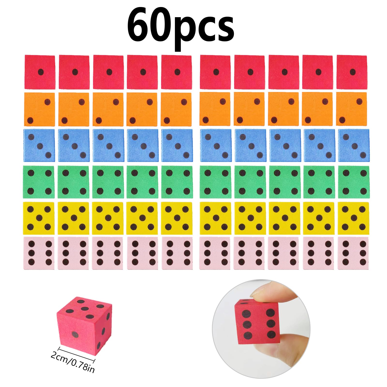 60Pcs Foam Dice,Bulk Foam Teach Cubes Dice,Small Square Blocks with Number Dots for Math Teaching Classroom Board Games Party Favor Supplies (0.79 Inch,6 Colors)