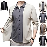 Men's Fake Two Piece Shirt Collar Knitted Cardigan, Solid Lapel Slim Fit Business Casual Long Sleeve Dress Cardigan