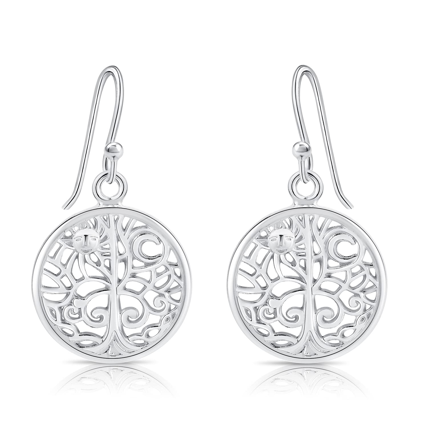 DTPsilver® 925 Sterling Silver Drop/Dangle Hook Tree of life Earrings with Sun and Moon - Diameter 16 mm — image 1