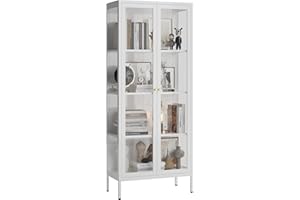 UNICOLY Display Cabinet with Glass Doors, Glass Display Cabinet 4-Tier, Metal Curio Display Cabinet with Tempered Glass Doors for Living Room, Plant, Display Shelf, Assembly Required, White