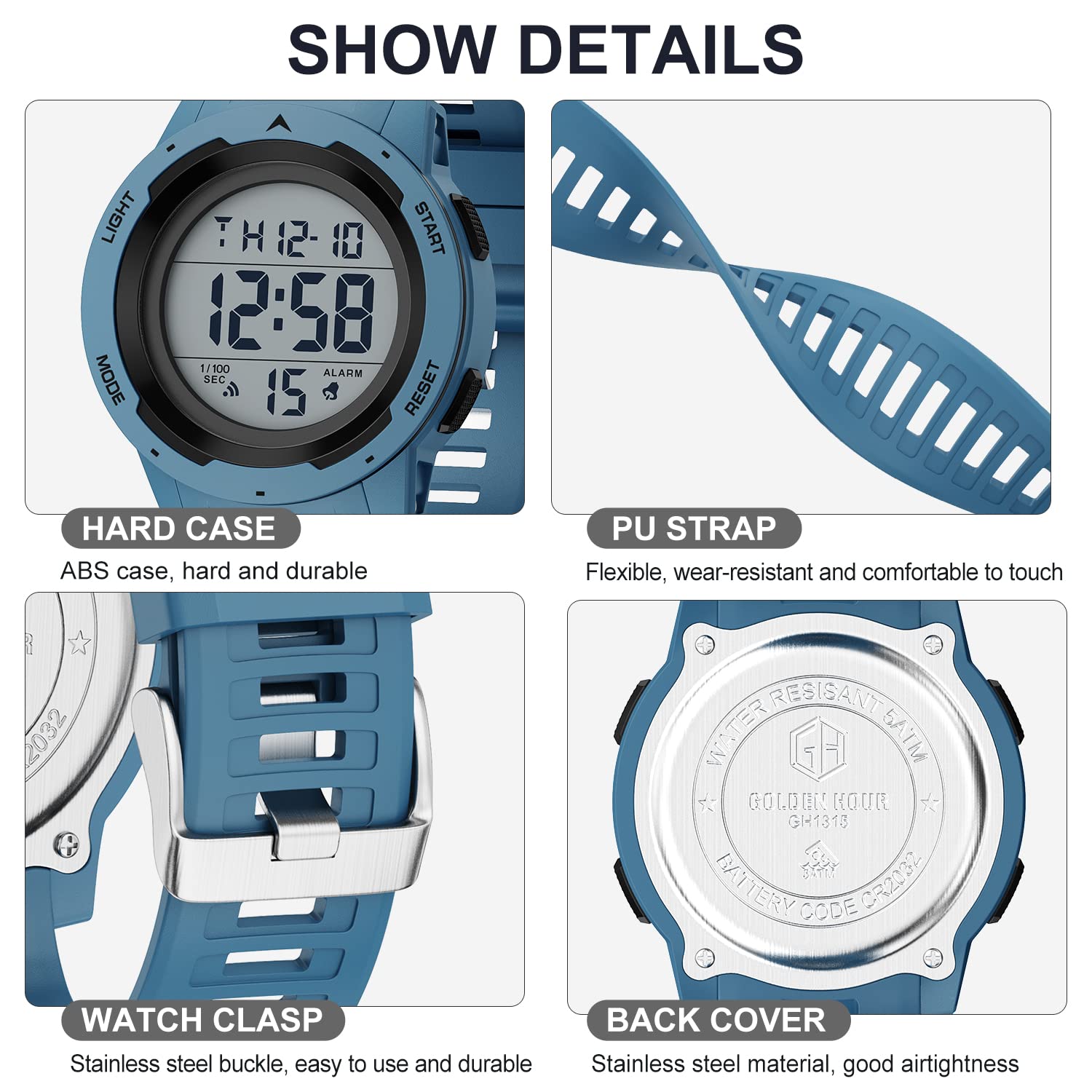 GOLDEN HOUR Mens Waterproof Digital Sport Watches Wide Screen Easy Read Display Military Style with Rubber Strap