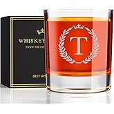 Personalized Whiskey Glasses Gifts for Men, Monogrammed Engraved A-Z 10.6 oz Rocks Glass Customized Gift, Unique Fathers Day Birthday Gifts for Men Him Dad Husband Brother Son (T)