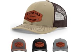 Over Par And Under The Influence, Golf Hat, 112 Style Trucker Leather Patch Hat for Men & Women, 6 Panel Baseball Cap with Sn