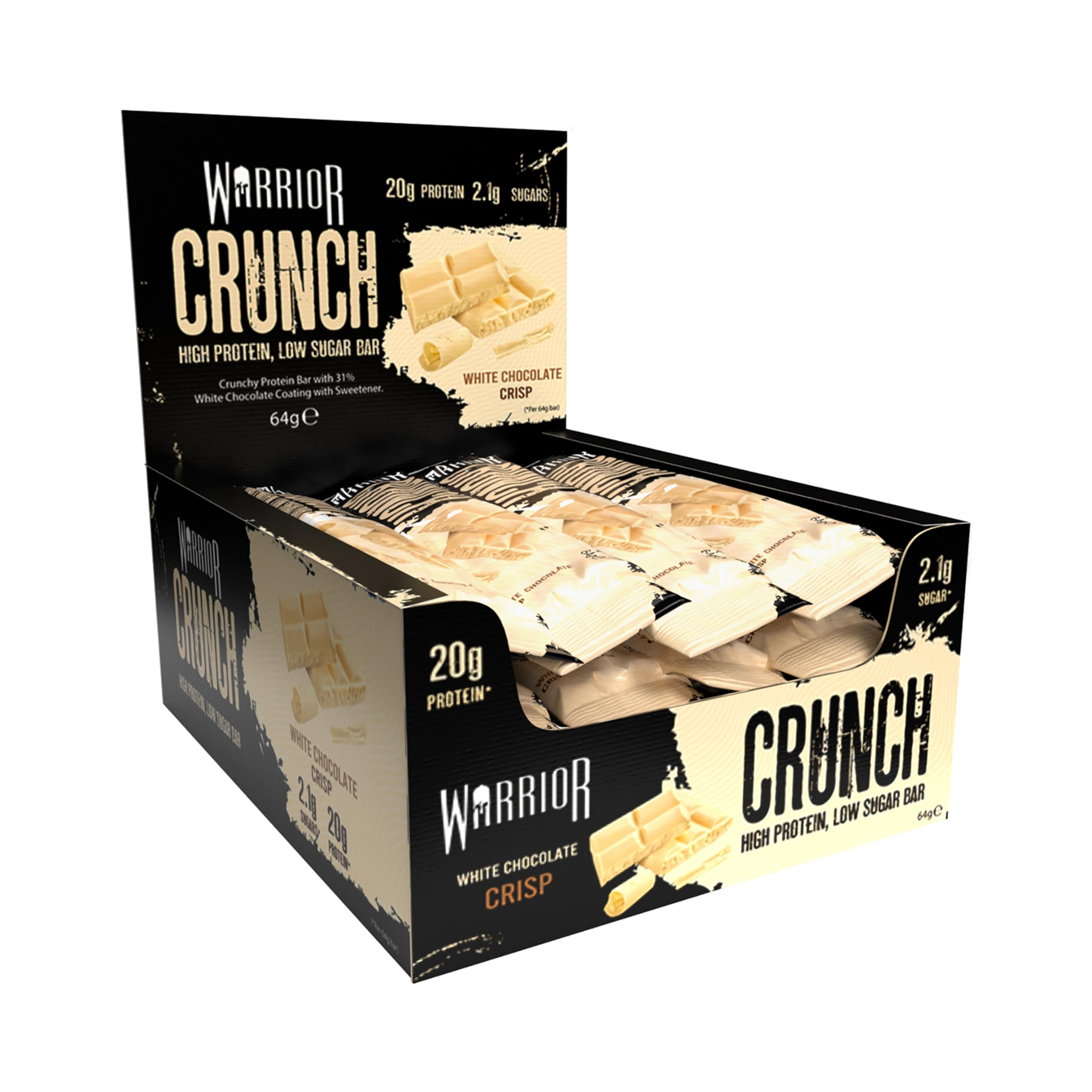 Warrior Crunch Protein Bars, White Chocolate 12 x 64g – High Protein Snacks (20g), Low Sugar, Low Calorie Snack Bar, Guilt-Free On-the-Go Treats, Multipack Diet Bars for Weight Loss