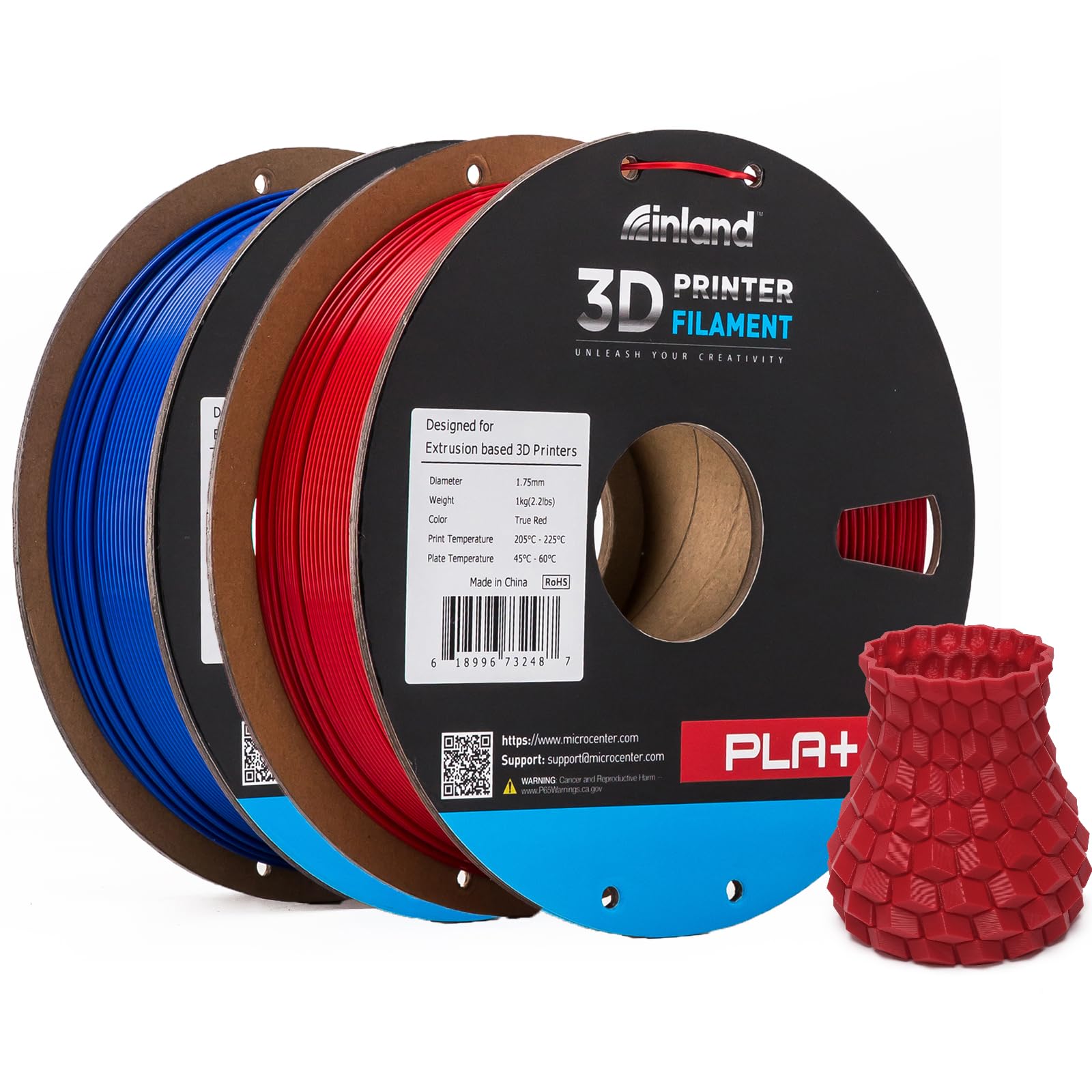 INLAND Micro Center PLA+ 3D Printing Filament 1.75mm - PLA Pro Dimensional Accuracy +/- 0.03 mm - 1kg Cardboard Spool (2.2 lbs) (2 Pack Blue & True Red, 1.75mm) Image