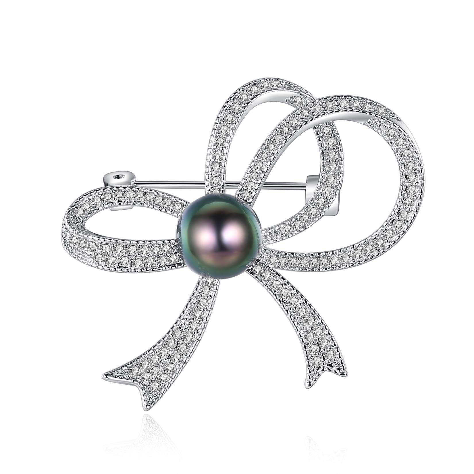 VIKI LYNN Women Lady Cubic Zirconia Bowknot Brooch 9-10mm Tahitian Pearl Brooch Pin