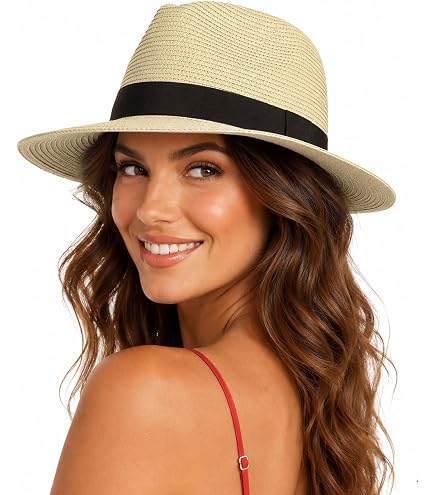 Packable Straw Fedora Panama Sun Hat - Unisex Summer Beach Hat FURTALK Sun Hat Panama Fedora Straw Beach Hat with Wind  main image 2