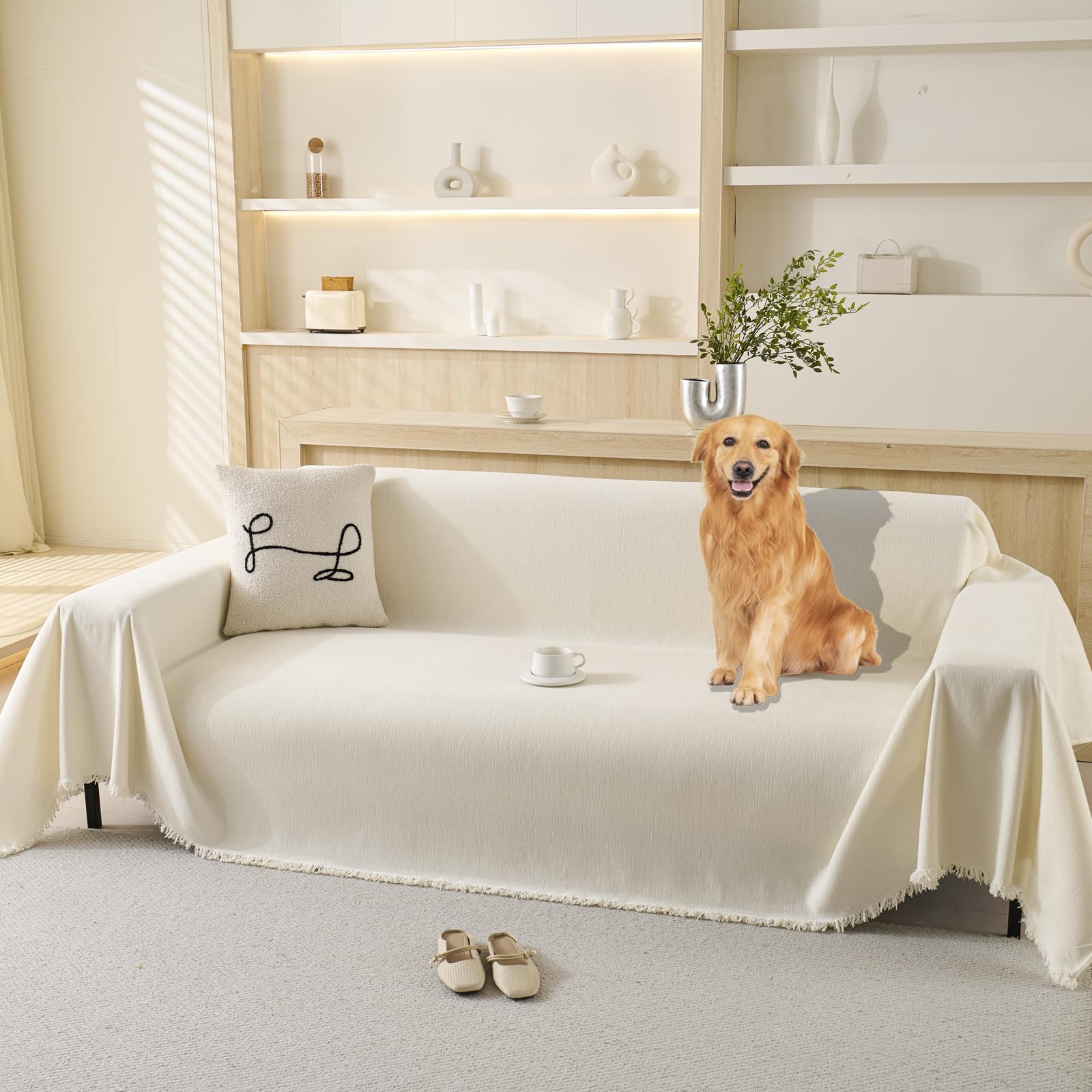 Photo 1 of 100% Waterproof Couch Cover Sofa Covers for 3-4 Cushion Couch Sectional Couch Washable Sofa SlipCover for Dog Pet-Friendly Furniture Protector for Living Room with Tassel(91" x 150", Beige)