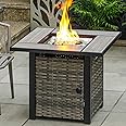 OutVue 30" Propane Fire Pit Table with Real Ceramic Tabletop & Ratten Side Panel, 50000 BTU Gas Firepit Table with Lid & Glass Rock, Outdoor Fire Pit for Dining or Party, Firepit for Outside, Patio