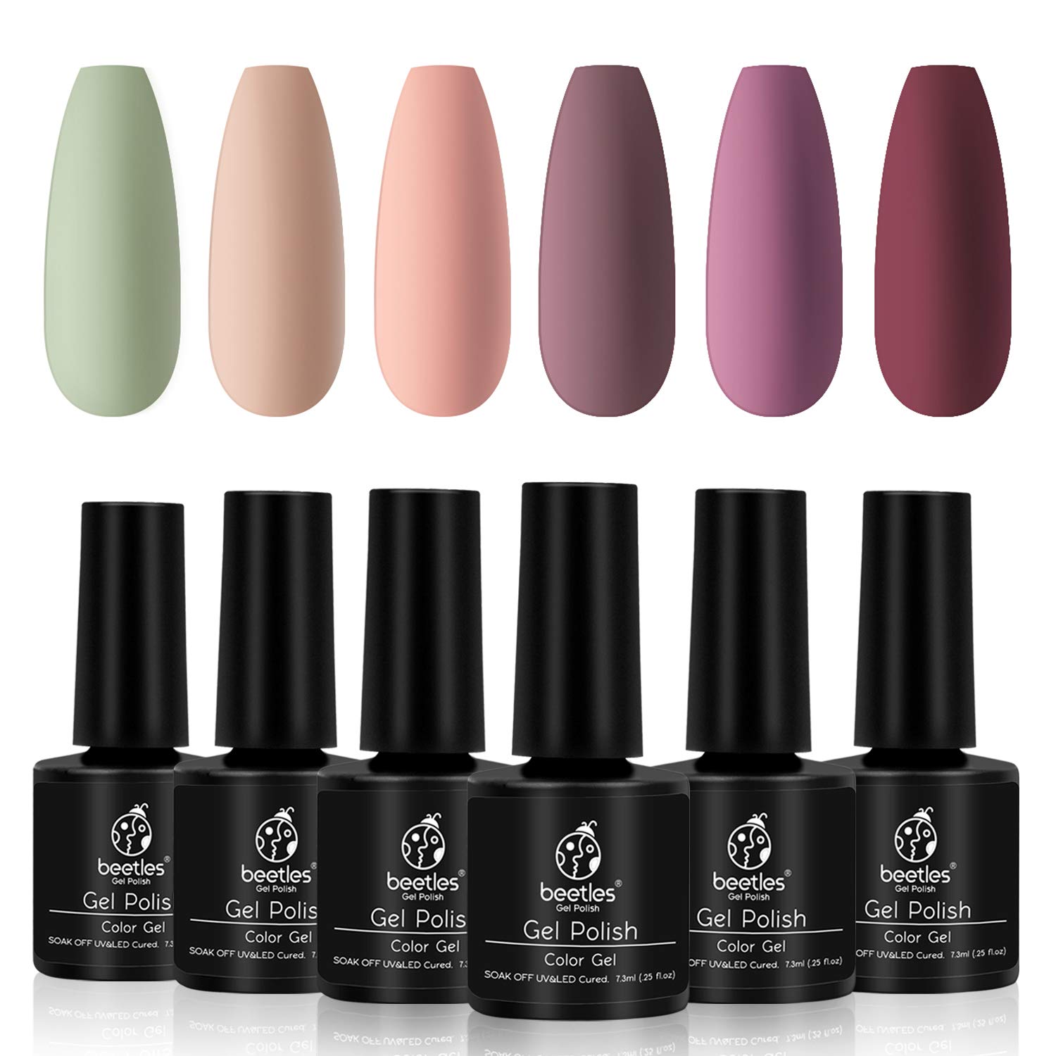 Beetles Pastel Gel Polish 6 Colors Kit, Nude Colors Collection, Soak Off UV LED Gel Nail Kit, 7.3ml Each Bottle