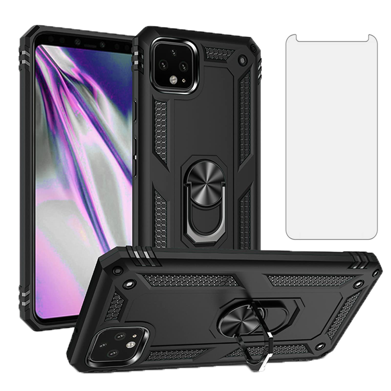 Asuwish Compatible with Google Pixel 4 XL Phone Case with Tempered Glass Screen Protector Cover and Stand Ring Holder Hard Shockproof Magnetic Heavy Duty for Pixle 4XL Pixel4XL 4LX LX Women Men Black