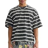 Men's Vintage Y2K Striped Short Sleeve T-Shirt Loose Fit Crewneck Summer Tee Baggy Color Block Summer Tops